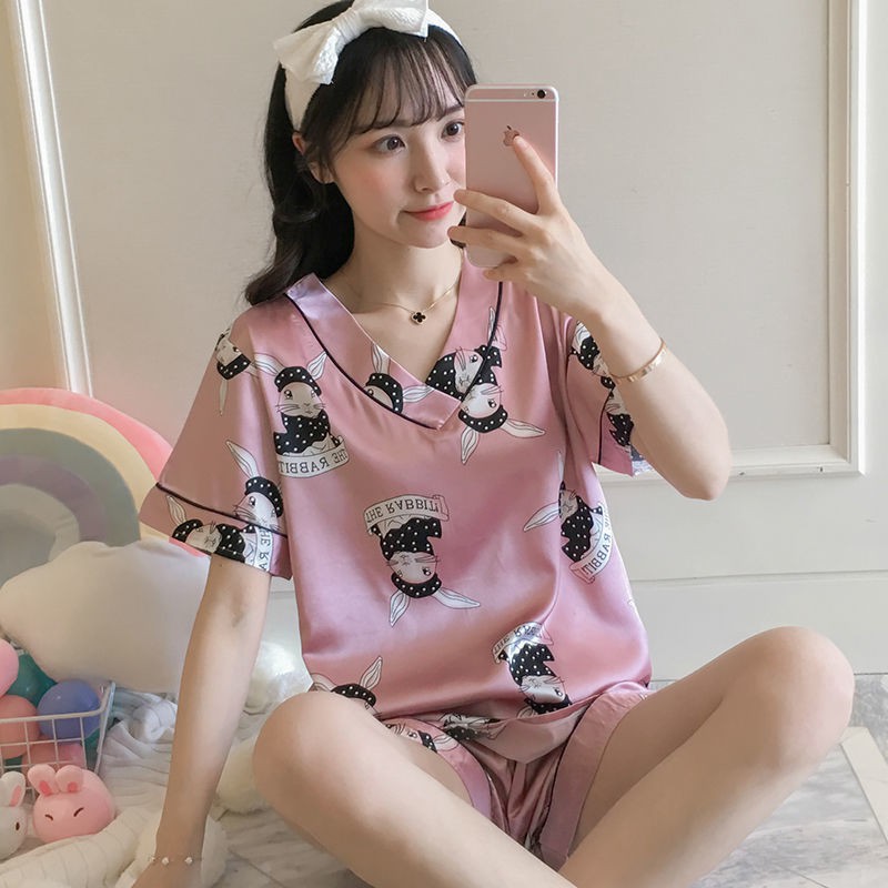 Bộ đồ ngủ gồm áo ngắn tay và quần gợi cảm bằng lụa cho nữ | BigBuy360 - bigbuy360.vn