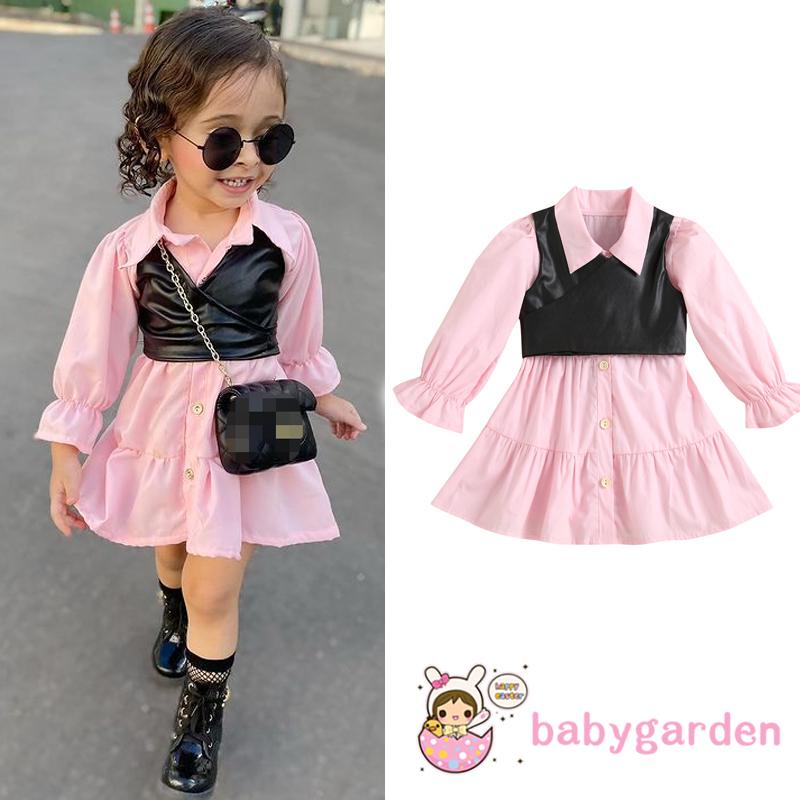 Bộ Đầm Midi Tay Dài Màu Trơn + Áo Khoác Da Pu Màu Đen Cho Bé Gái