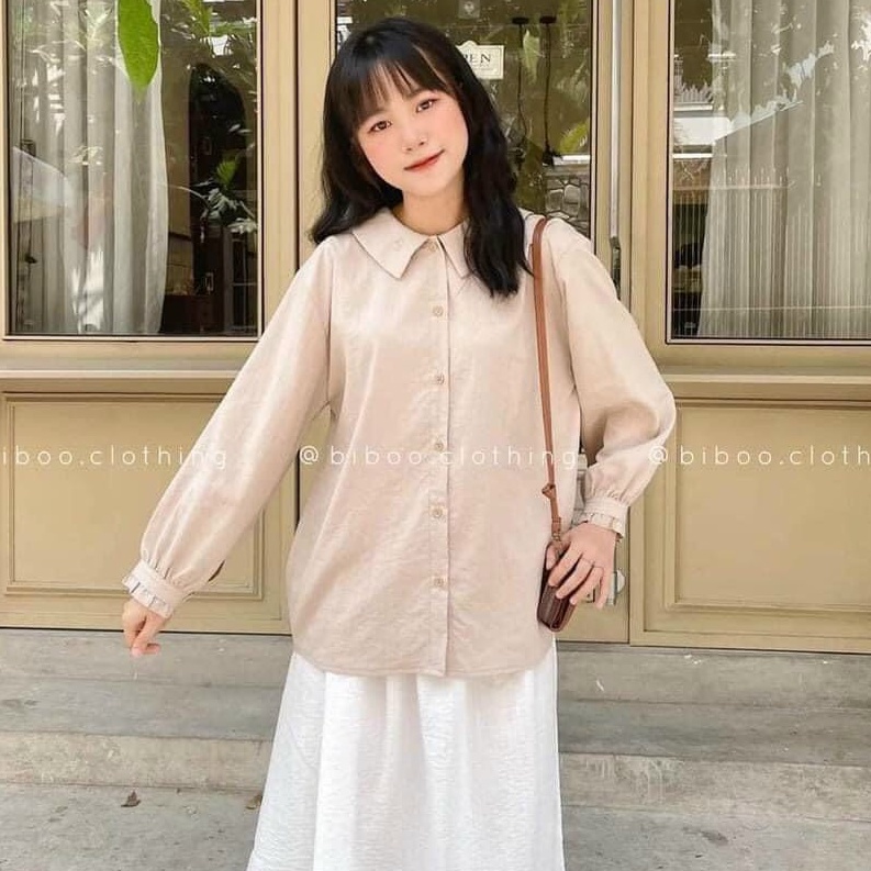 Áo sơ mi nữ dài tay form rộng thêu trái tim vải đũi 2 màu