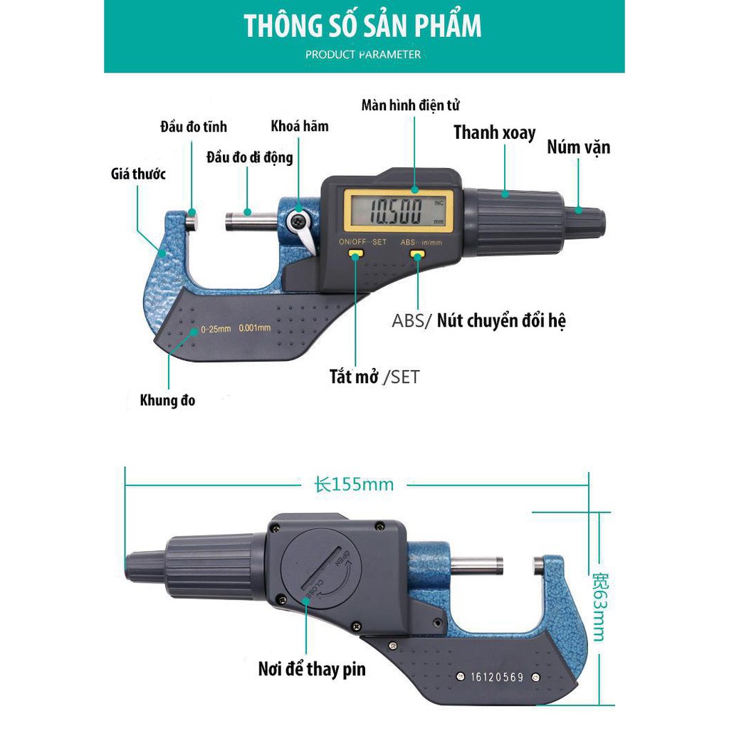 Thước Panme điện tử 0-25mm- Thước kẹp panme điện tử độ chia 0.001mm