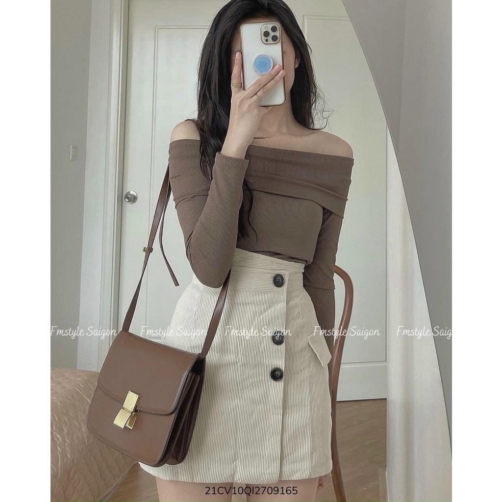 Áo len tăm trễ vai tay dài chất mịn màu nâu phong cách hàn quốc ulzzang Fmstyle Saigon 21TU11EP0501 | BigBuy360 - bigbuy360.vn