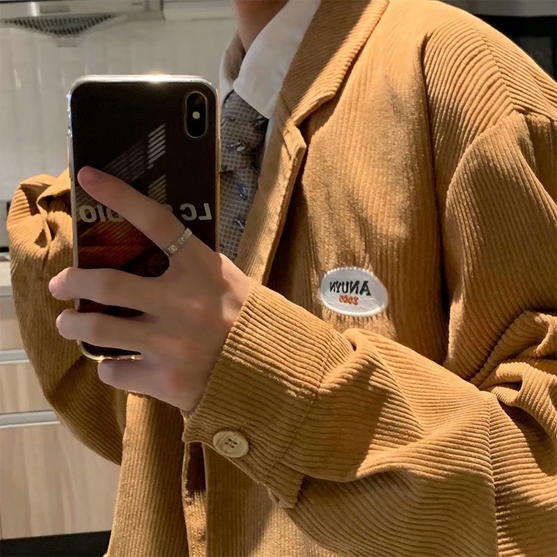 Áo khoác vest nhung kẻ dáng rộng phong cách Retro Hàn Quốc thời trang cho nam