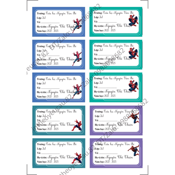 Nhãn vở hình siêu nhân người nhện combo 20 cái in theo yêu cầu