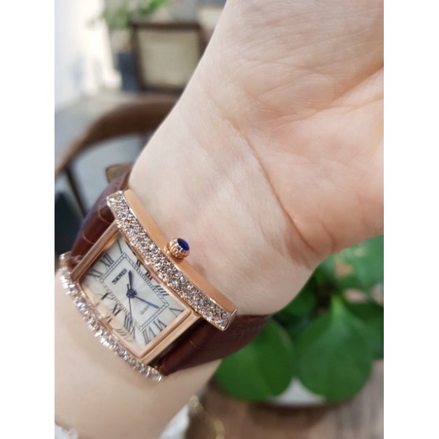 Freeship  Đồng hồ nữ dây da SKMEI quyến rũ đồng hồ nữ mặt vuông đính đá dâ