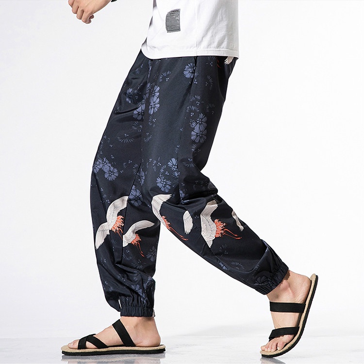 [Plus Size] Quần Ống Rộng In Hình Chim Hạc Phong Cách Harajuku Nhật Bản Chất Lượng Cao Cho Nam