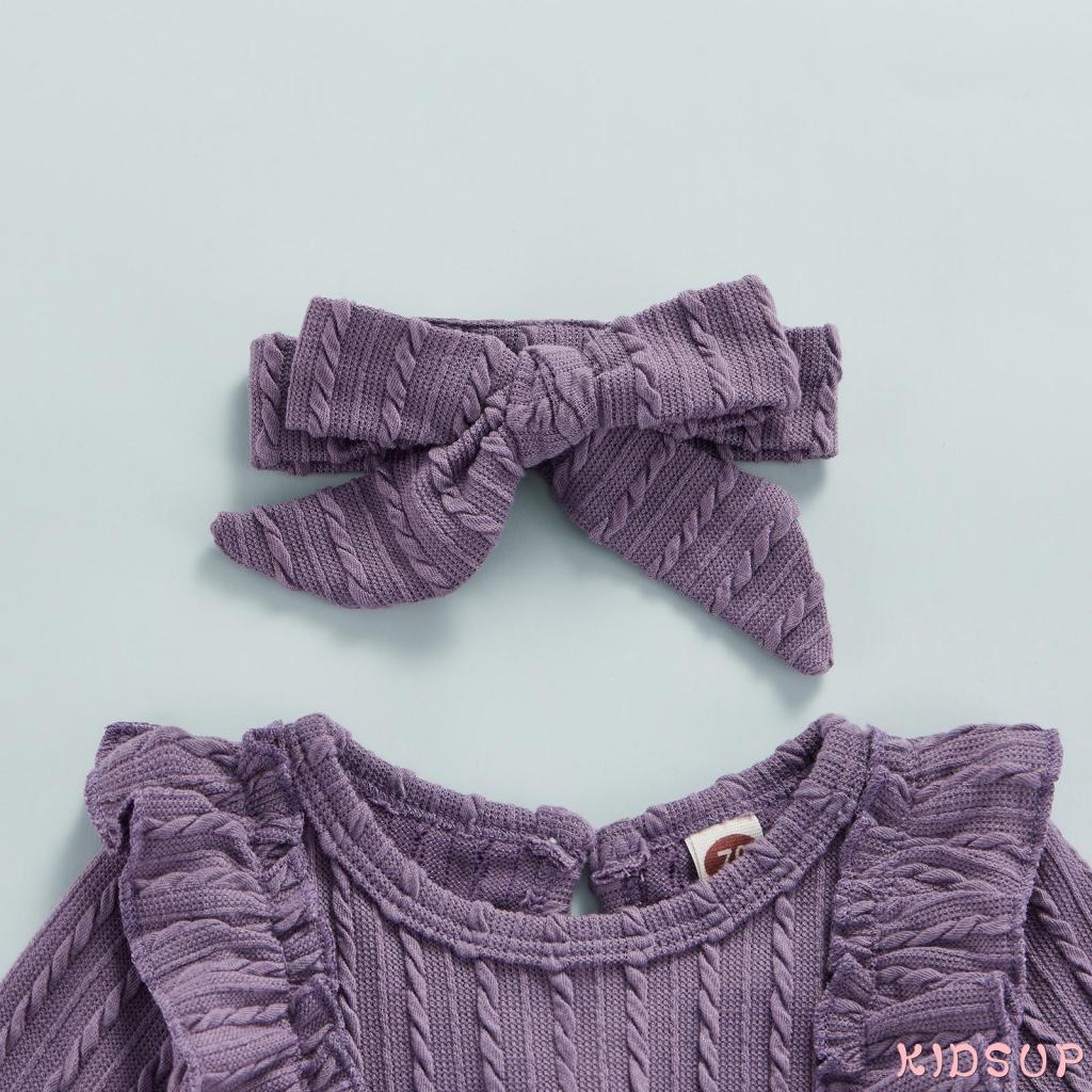 Set Áo liền quần tay dài cổ tròn + băng đô cài tóc nhiều màu sắc cho bé