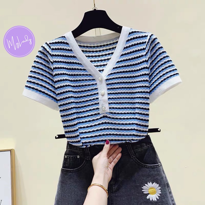 Áo dệt kim nữ tay ngắn kiểu cổ V kẻ sọc - Áo thun nữ thời trang Hàn Quốc trẻ trung