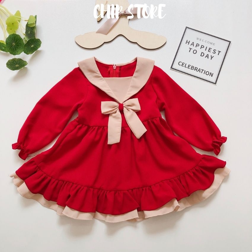 Váy thu đông bé gái CHIP STORE Đầm dài tay màu đỏ phối nơ xinh xắn có size sơ sinh - 7 tuổi