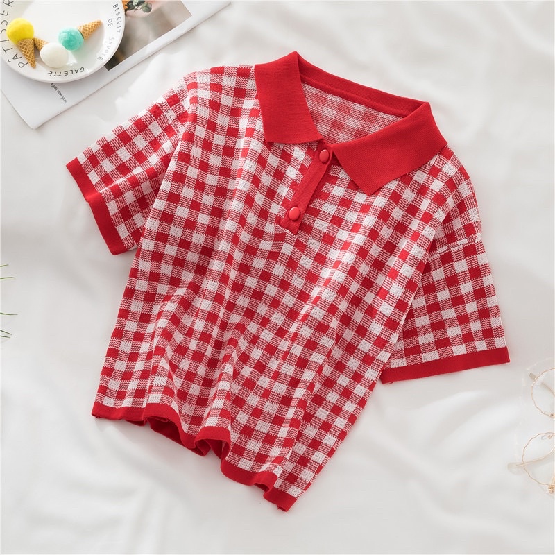 Áo kiểu len dệt cổ polo sọc caro freesize