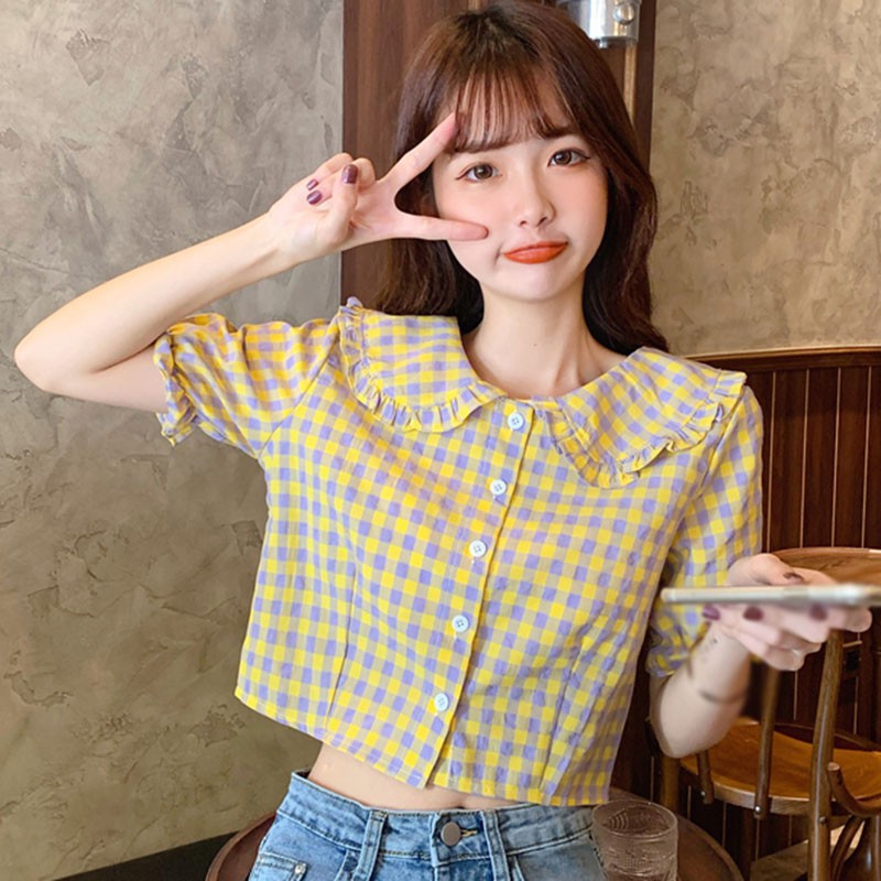 Áo Sơ Mi Ngắn Tay Ca Rô Ca Rô Cổ Búp Bê Đáng Yêu Cho Nữ