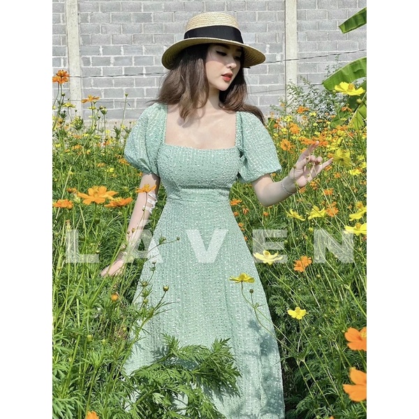 Đầm maxi xanh ren nổi cổ U cut lưng rút dây MS179 đi biển nhứt nách