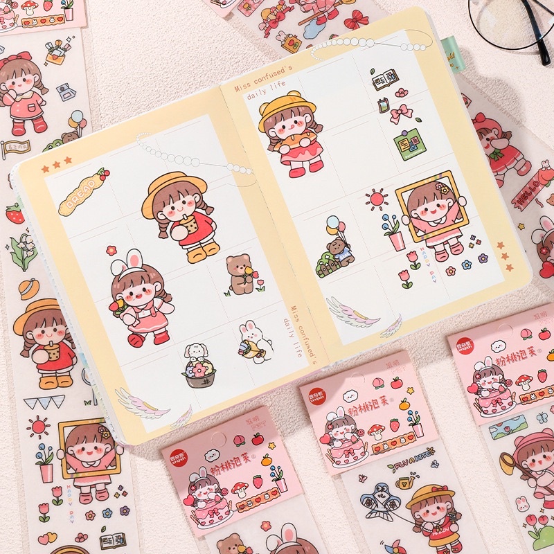Sticker cute hoạt hình dễ thương, hình dán sticker dài trang trí sổ tay đáng yêu DIY