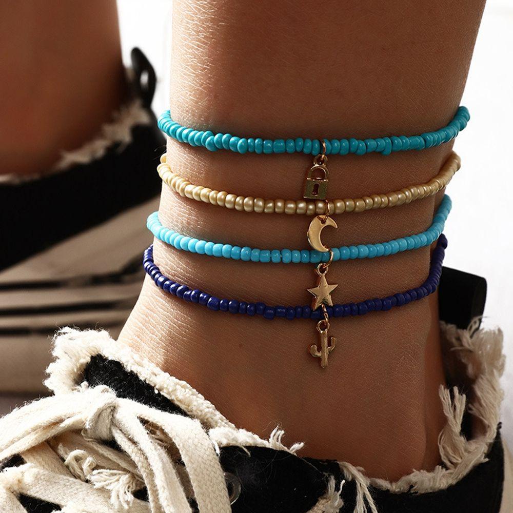 Set 4 Lắc Chân Nhiều Lớp Co Giãn Phong Cách Bohemian Dễ Thương