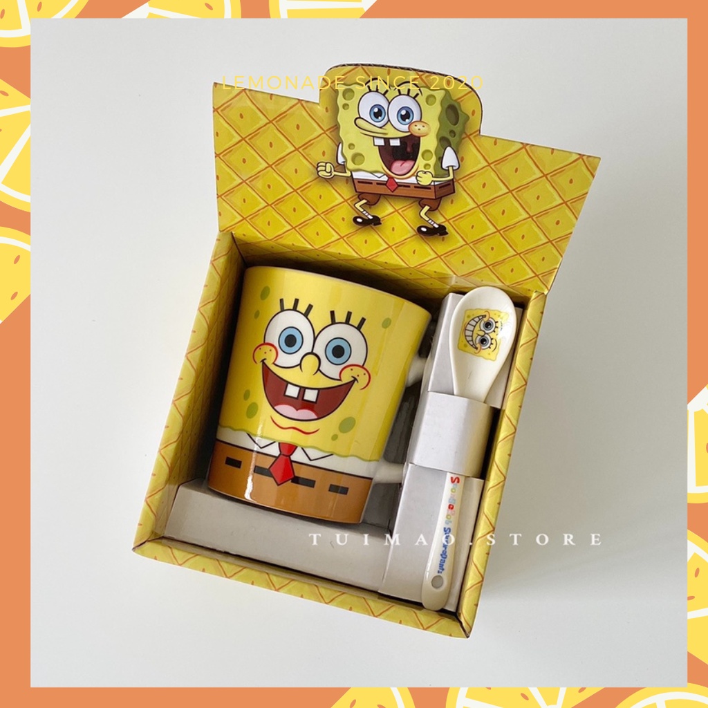 Cốc sứ Spongebob SquarePant dễ thương hoạt hình có hộp quà tặng kèm thìa