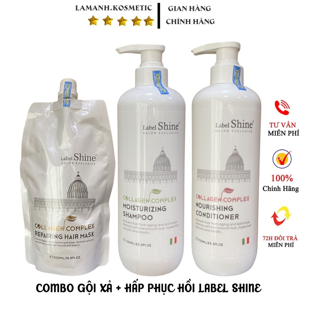 Dầu Gội Label Shine siêu mượt dưỡng ẩm phục hồi tái tạo cấu chúc tóc hương thơm nước hoa quý phái cặp 750ml chính hãng