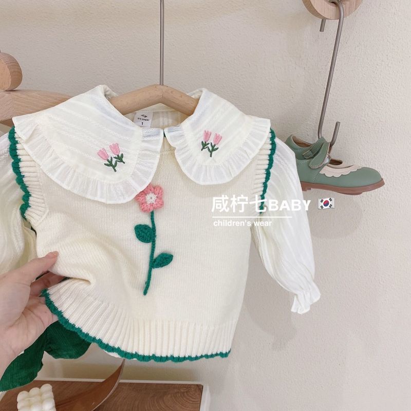 ✨Đốm✨ Bộ Áo Sweater Không Tay + Áo Sơ Mi Thời Trang Xuân Thu 2022 Dành Cho Bé Gái