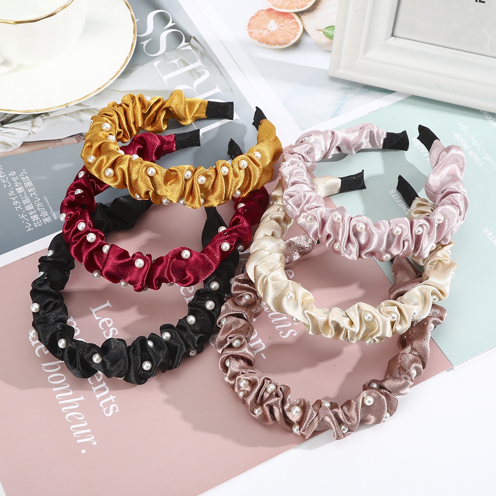 Cài tóc Haimeikang bằng nhung đính ngọc trai màu trơn xếp ly phong cách ngọt ngào thời trang làm đẹp cho nữ sinh