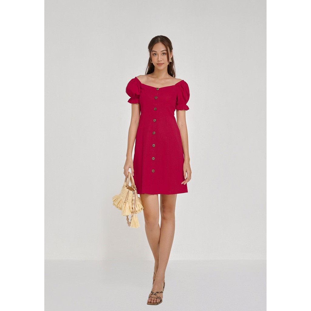 Đầm tay thun nữ YV LE &amp; CO vải Linen màu đỏ sang trọng, tinh tế