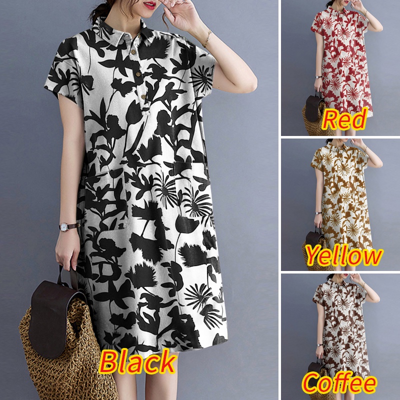 Đầm nữ Zanzea dáng rộng tay ngắn cổ bẻ in họa tiết thời trang
