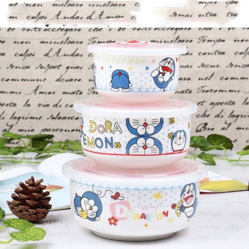 Bộ 3 thố sứ DORAEMON DOREMON có nắp đậy hút chân không dễ thương cute MON0256