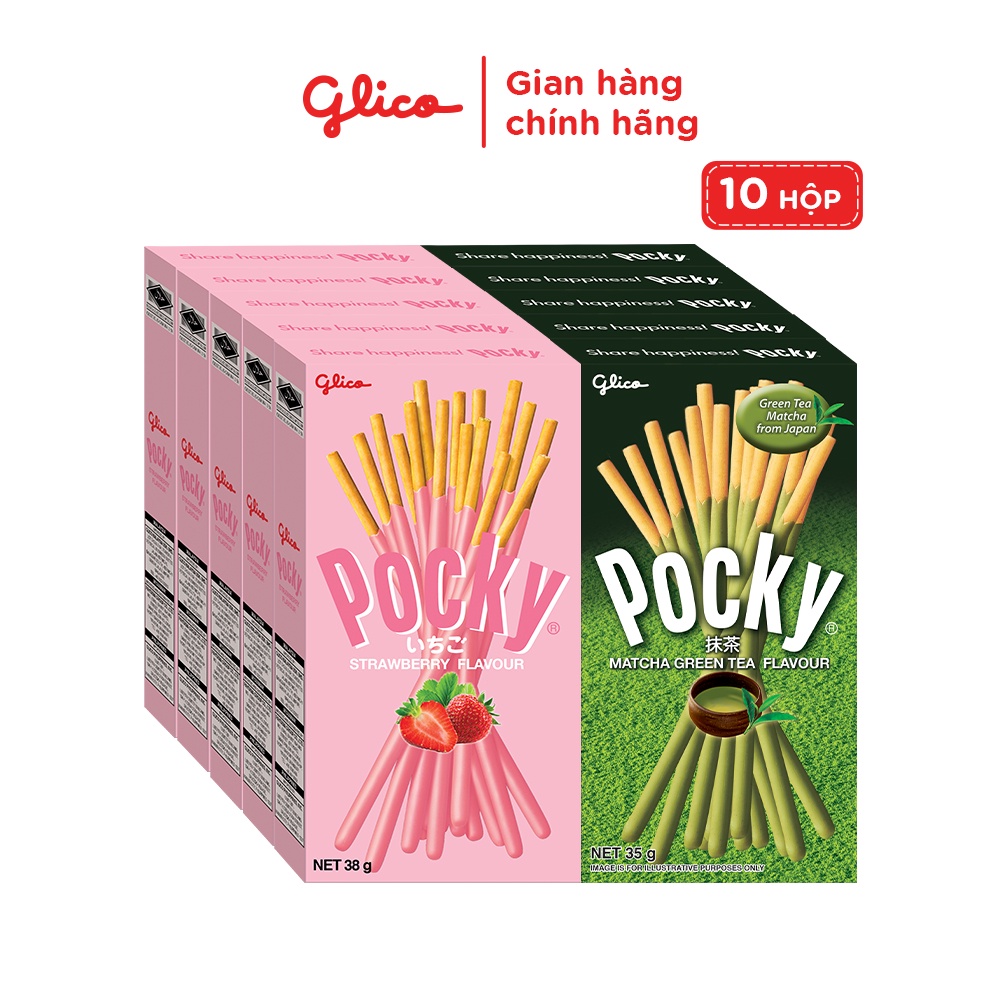 Bánh snack que phủ kem Glico Pocky Happy Set G combo 10 hộp (5 dâu 5 matcha)