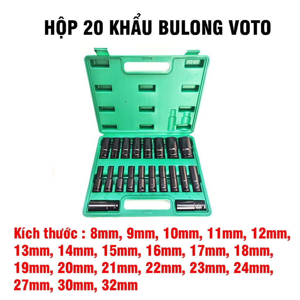 Hộp 20 Đầu Khẩu VITO 1/2 8-32mm Dài 78mm Vặn Bulong , Đầu Bulong, Đầu Tiếp, Đầu Điếu Mạ Crôm