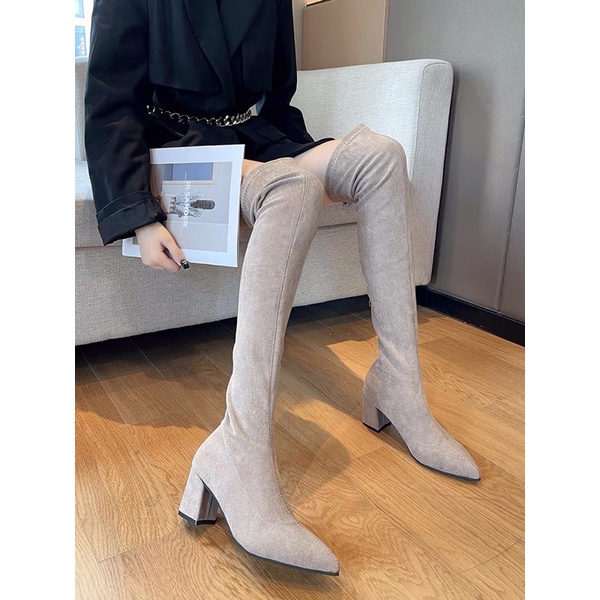 [Có Sẵn] Boots đùi da lộn lót lông gót vuông cao 7cm chống tụt có khoá kéo | BigBuy360 - bigbuy360.vn