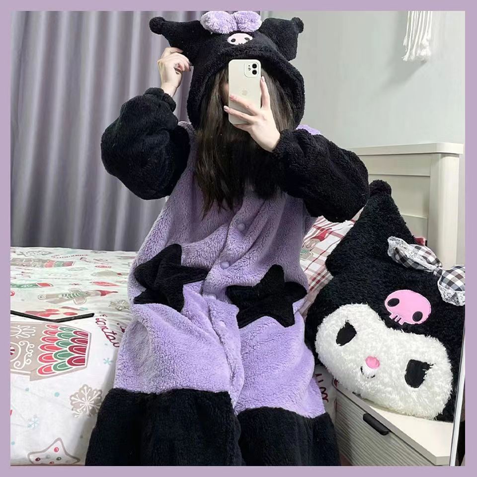 ❤️❤️ Bộ Đồ Ngủ Lông Cừu San Hô Dày Dặn Ấm Áp In Hình Kuromi Dễ Thương Phong Cách Hàn Quốc Cho Nữ