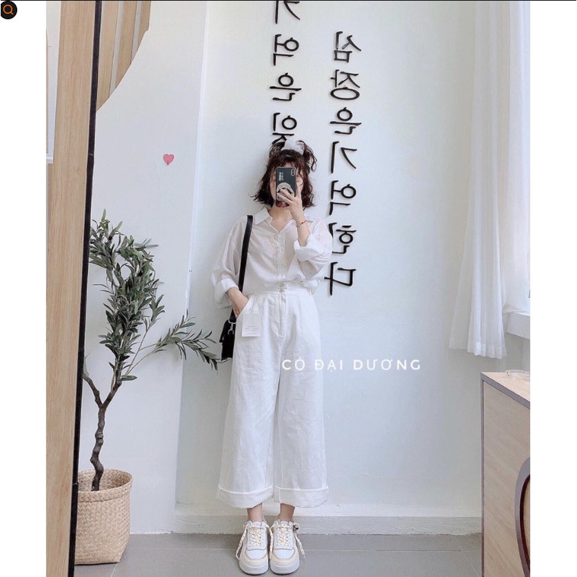 Quần kaki nữ suông trơn 2 cúc basic - Culottes ống rộng cạp cao trẻ trung, thiết kế tối giản, đường phố Ulzzang