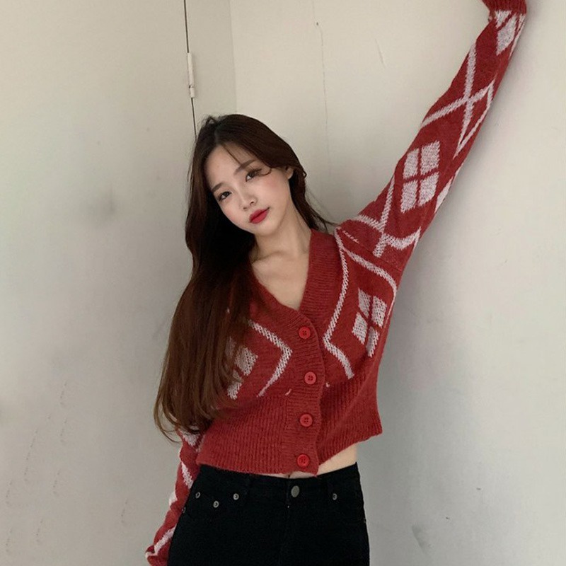 Áo Cardigan Dệt Kim Tay Dài Cổ Chữ V Ôm Eo Đính Đá Kiểu Retro Hàn Quốc Thời Trang Cho Nữ