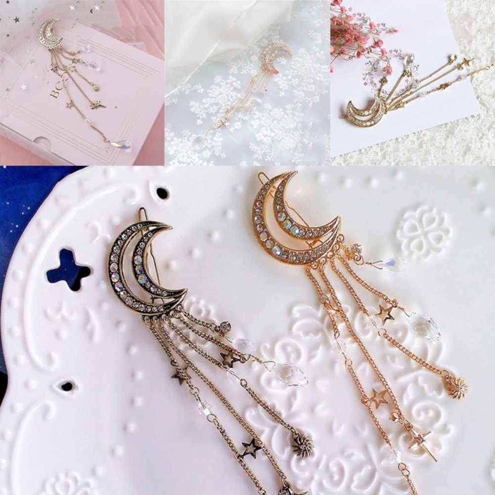 Kẹp tóc tua rua hình mặt trăng đính đá phong cách cổ điển thanh lịch dành cho nữ giới