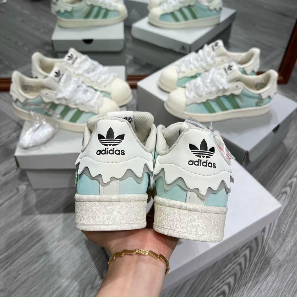 Giày thể thao Adidas superstar Hồng + xanh kem ✔️TẶNG TẤT✔️ giầy das sò 3 sọc màu xanh, hồng cho nữ siêu xinh Full Box