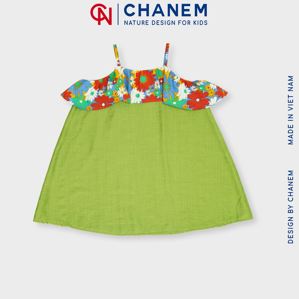 Váy hai dây bé gái SIMI CHANEM xanh bơ phối hoa bèo ngực chất liệu đũi tơ mix thô hoa nhí cho bé từ 1 - 10 tuổi