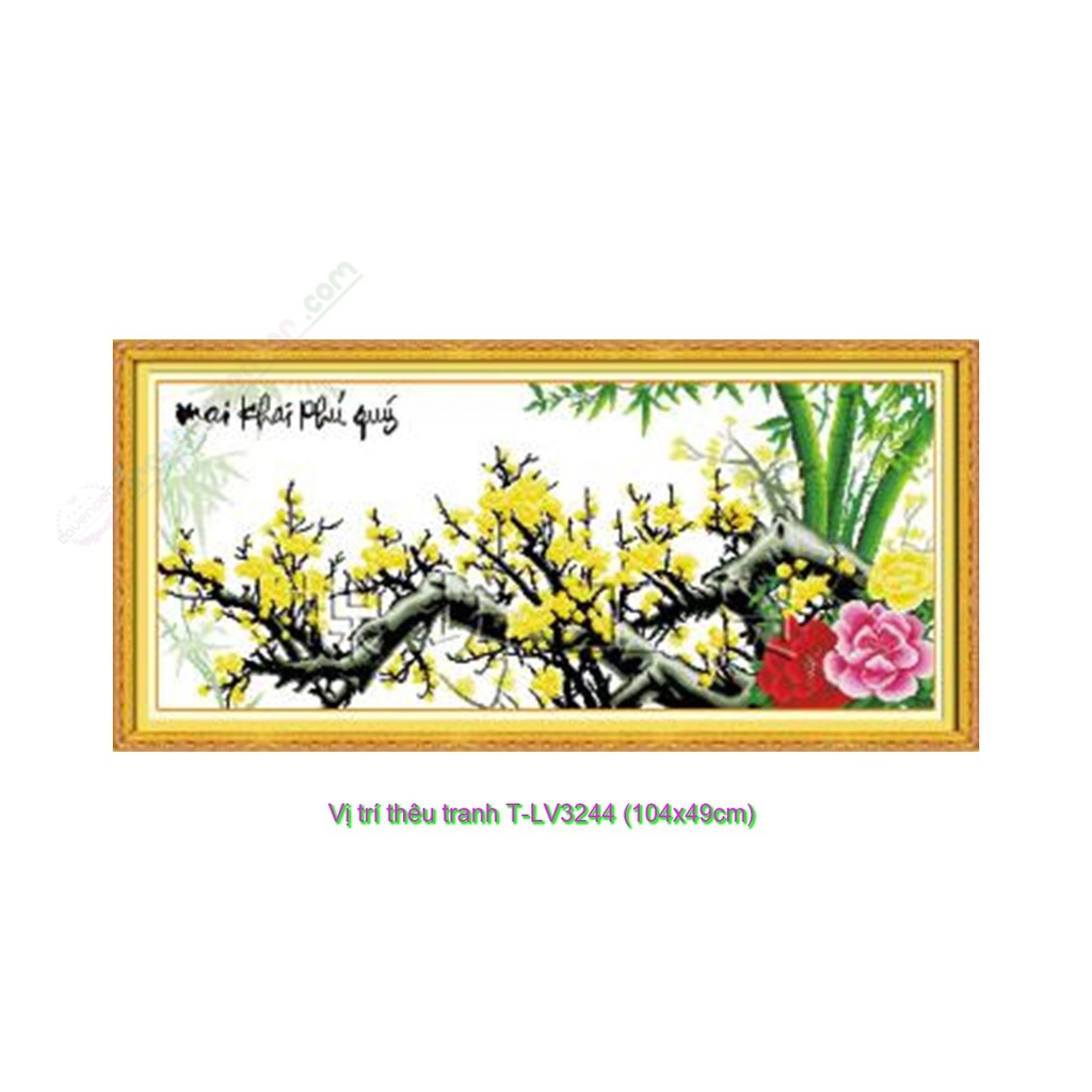 [T-LV3244]Tranh thêu chữ thập Hoa cỏ Mai khai phú quý (104x49cm)