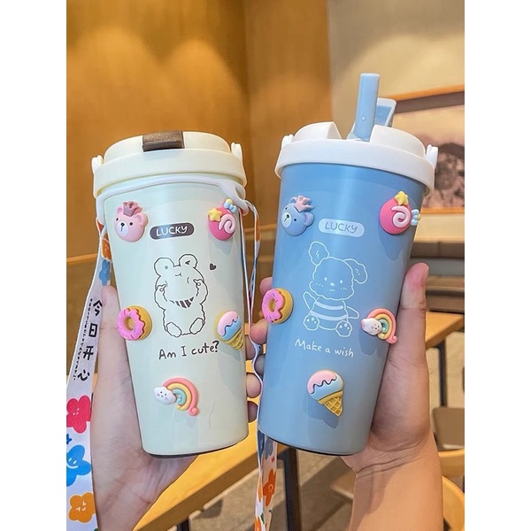 Ly giữ nhiệt 500ml, bình đựng nước giữ nhiệt cute có ống hút, dây đeo và sticker