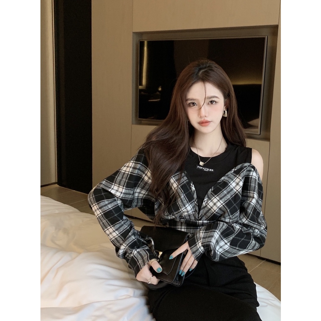 Áo Thun Ngắn Tay Giả Hai Lớp Họa Tiết Caro Thời Trang Hàn Quốc Cho Nữ