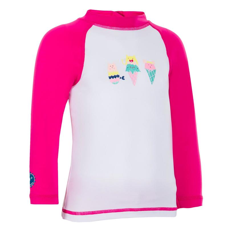 Áo thun dài tay chống tia UV cho em bé Decathlon NABAIJI họa tiết trắng và hồng