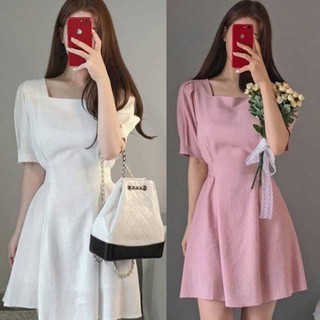 Đầm trắng - hồng cổ vuông tay lửng cột eo-SHOPFORGIRL