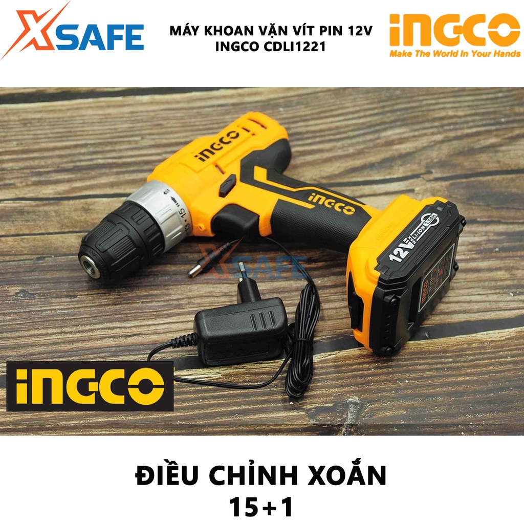 Máy khoan pin cầm tay 12V INGCO CDLI1221 tốc độ 1350v/p, lực siết 25nm, khả năng khoan 0.8-10mm, kèm 1 pin 1 sạc