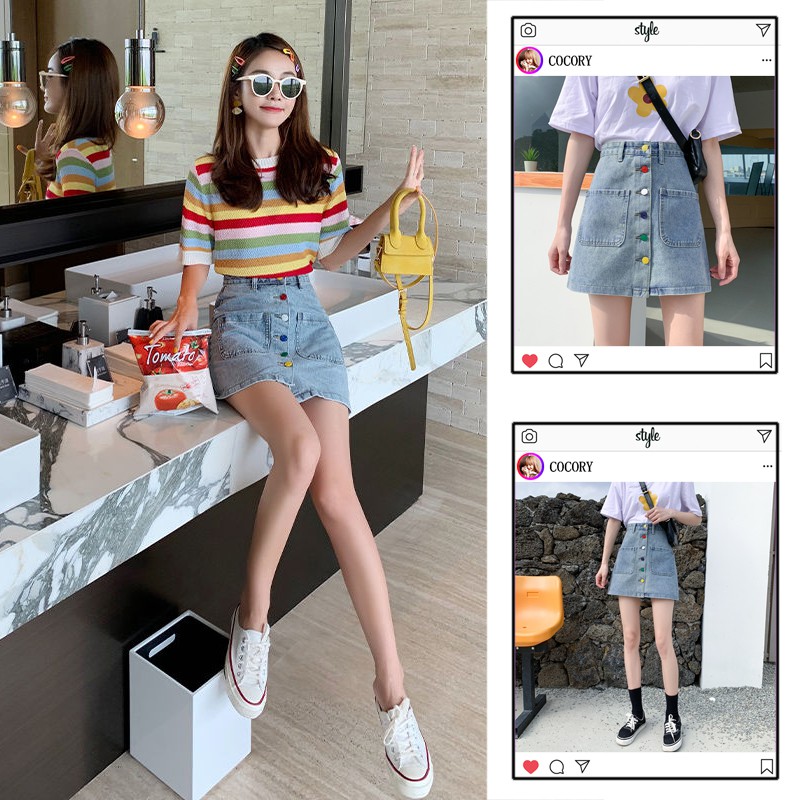 [ Mã 12FASHIONSALE1 giảm 10K đơn 50K ] Chân Chân Váy Denim Lưng Cao Dáng Chữ A Phối Nút Nhiều Màu Xinh Xắn