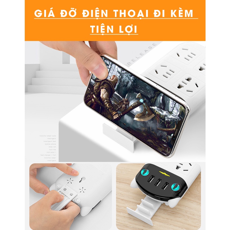 Ổ Cắm Điện Thông Minh Đa Năng Quấn Gọn, Dây Dài 2,8M Có Đầu Cắm USB Sạc An Toàn Chống Giật (Tặng ổ 3 chân sang 2 chân)