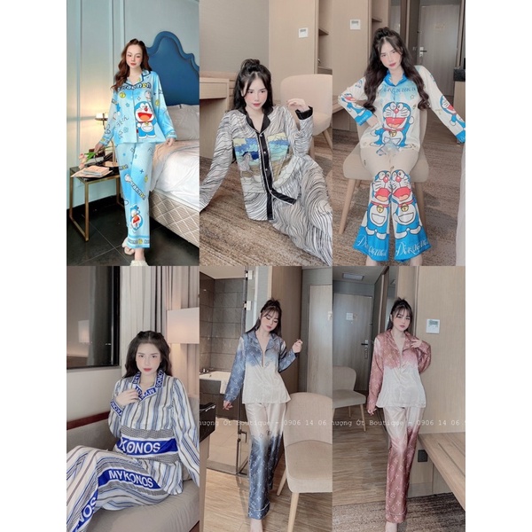 Đồ bộ nữ, đồ mặc nhà nữ thiết kế hoạ tiết doraemon tay dài chất lụa xước ánh kim cao cấp