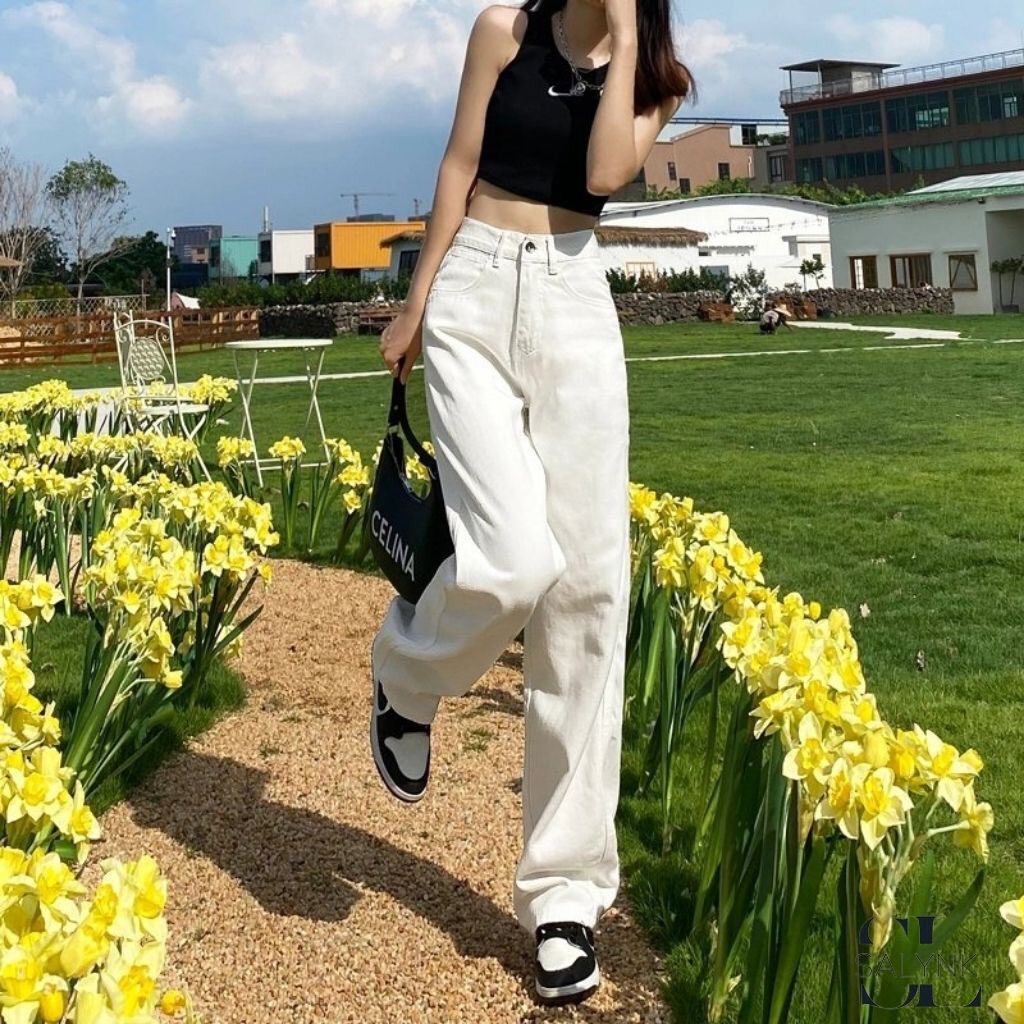 Quần jean ống rộng nữ, quần bò nữ dáng suông màu trắng Ulzzang Unisex mặc lên cực tôn dáng SELAVA QJ01