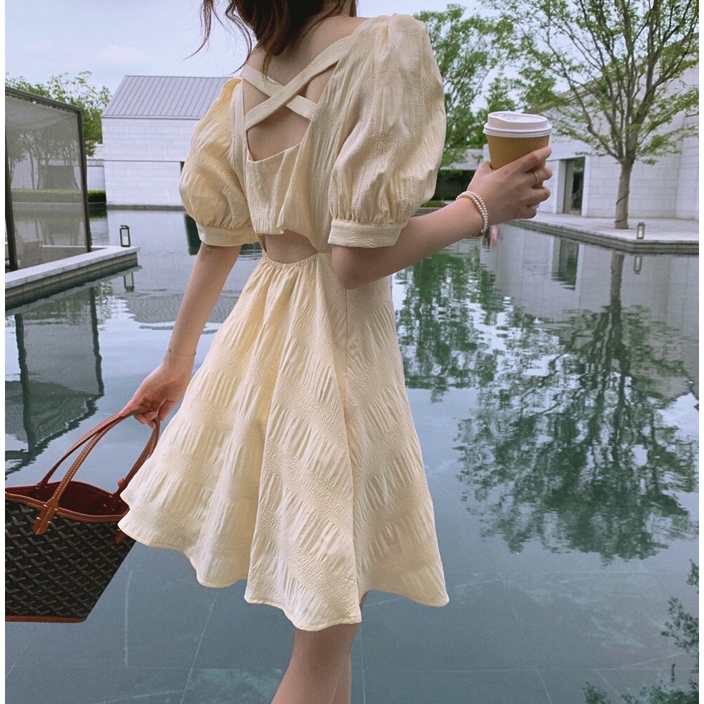 Đầm Chiffon Ngắn Cổ Chữ V Màu Vàng Nhạt Phong Cách Tùy Chỉnh Siêu Thơ Cho Nữ