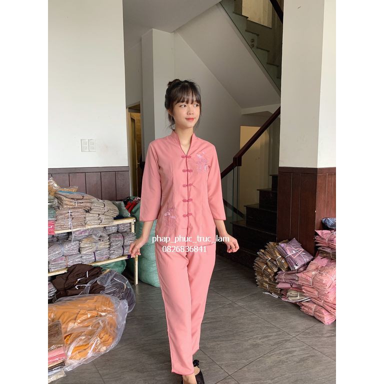 Đồ lam - Quần áo đi chùa - Áo lam phật tử - cổ tàu thêu