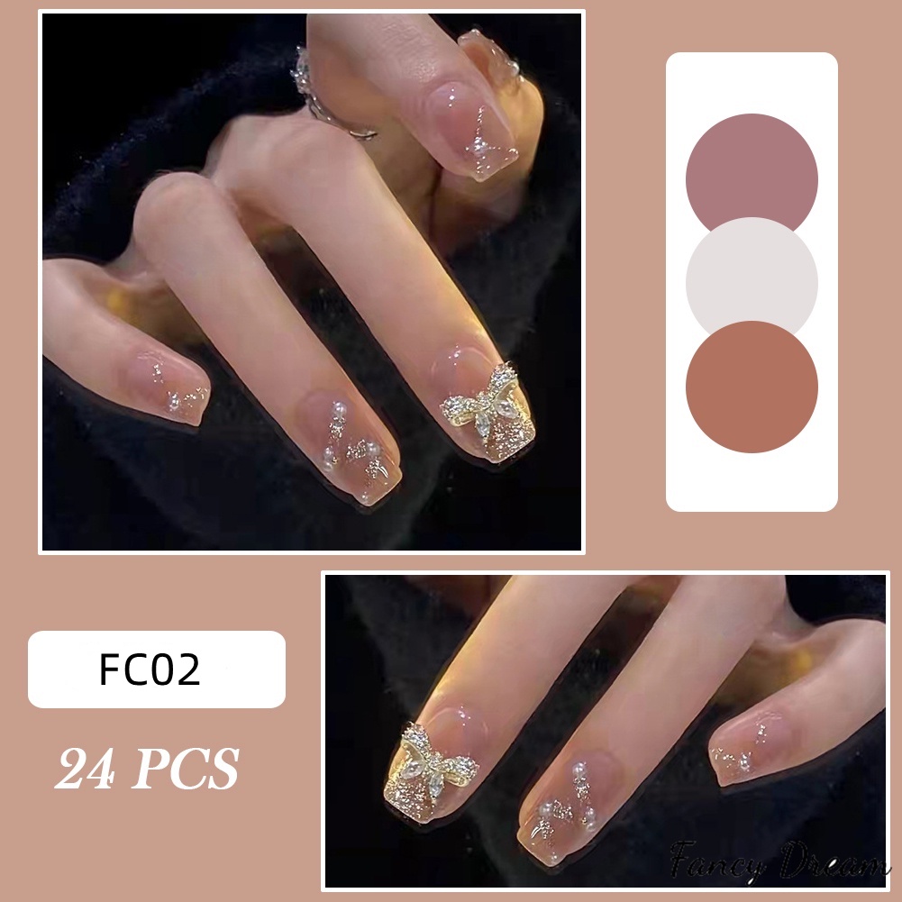 Set 24 Móng Tay Giả Dáng Dài Đính Bướm Thời Trang Sang Trọng Có Thể Tháo Rời