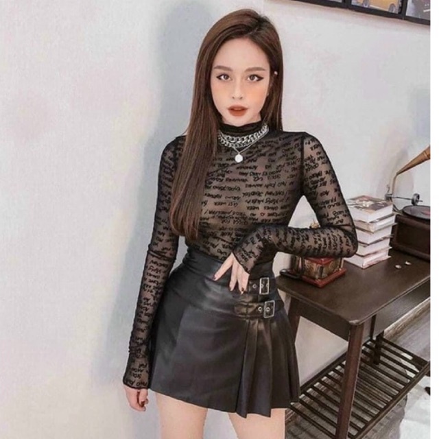 Chân váy da xếp ly lệch, Chây váy dáng A cạp cao vải da mềm CV7069 - NhiNhi Shop