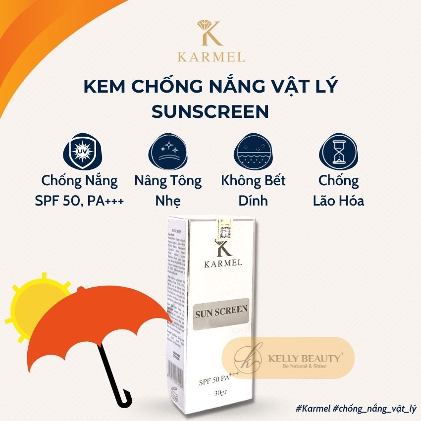 Kem Chống Nắng Vật Lý KARMEL 30 &amp; 50g – Chống Tác Hại Tia UV, Ánh Sáng Xanh; Nâng Tông, Không Bết Dính | Kelly Beauty