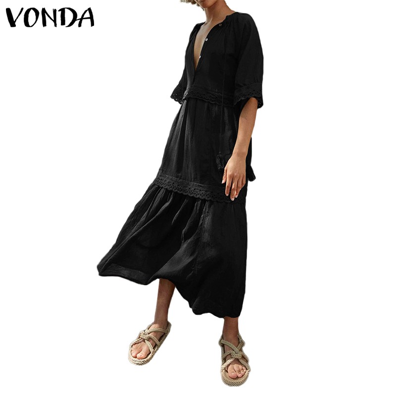 Đầm Cotton Linen VONDA Dáng Rộng Tay Lửng Phối Nút Thời Trang Cho Nữ | BigBuy360 - bigbuy360.vn