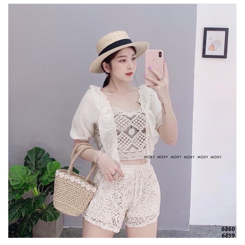 16-Set ren đi biển áo croptop pha ren quần ren hoa